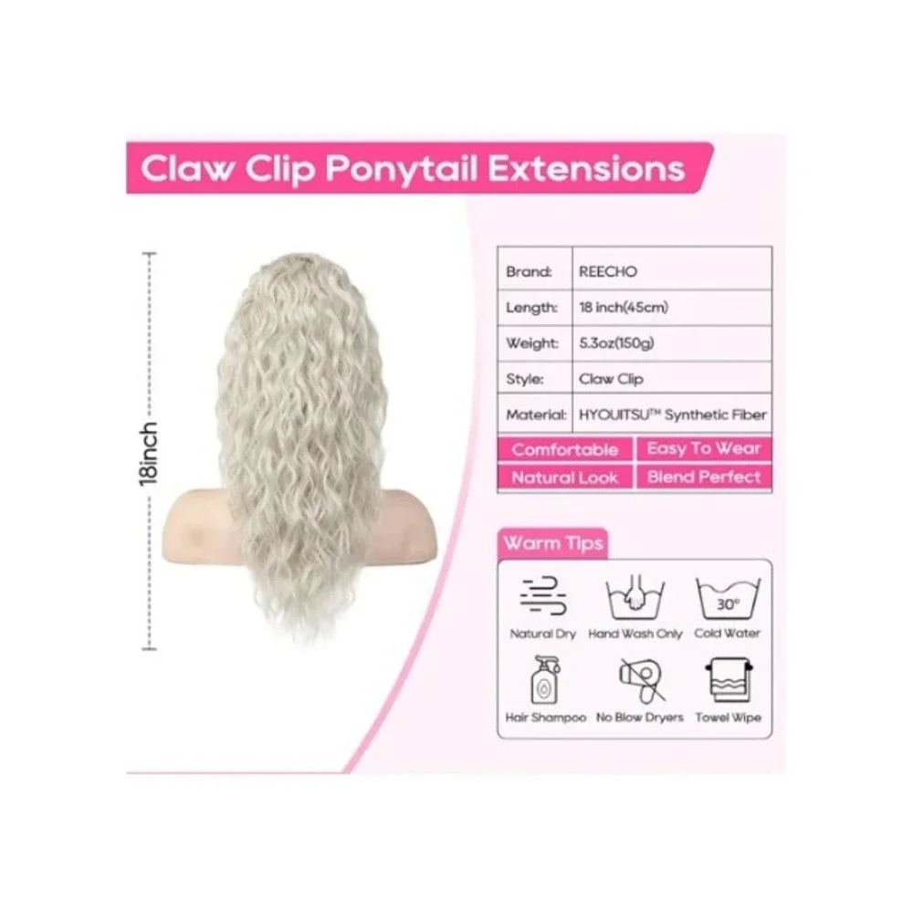 REECHO 18 Inch Curly Claw Ponytail Extension Platinum Blonde Synthetic 160g